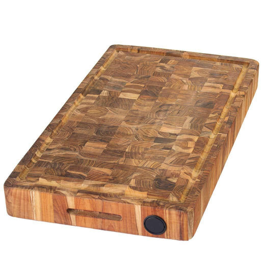 Teakhaus End Grain Cutting Board with Hand Grip, Juice Canal, and Knife Honer (20 x 14 x 2.5″) - Discover Gourmet